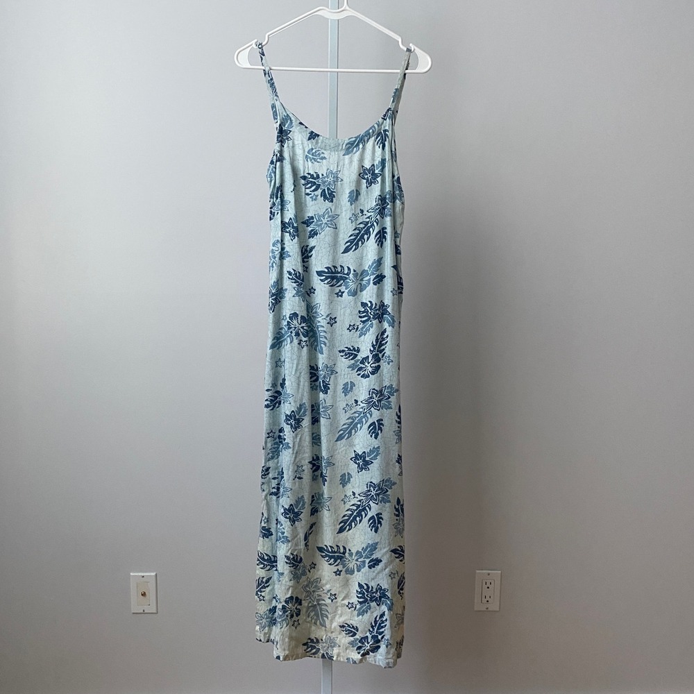 Blue Sky Rayon Coastal Beachy Tropical Floral Hibiscus Maxi Dress S Blue